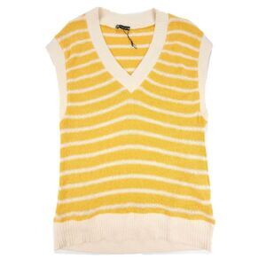 NEW Zara 90's Oversized Vintage Striped V-Rib Knit Sweater Vest Cream Medium Y2k